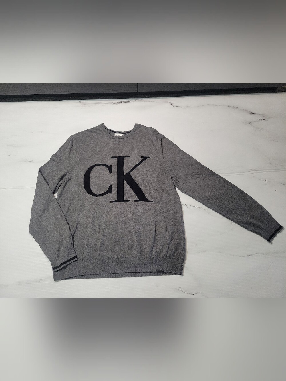 Calvin Klein Mens XXL Supima Cotton Gray Big CK Intarsia Logo Pullover Sweater